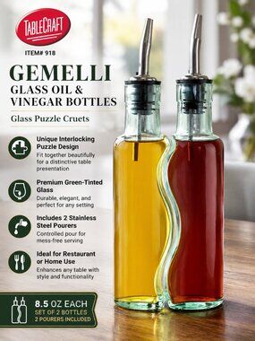 Gemelli Glass Oil & Vinegar Cruet Set Puzzle Bottles w/ Pourers 8.5 oz
